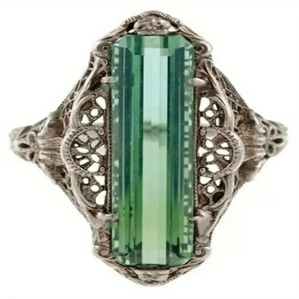 Beautiful! Vintage Inspired Ornate Boho Rectangular Green Zircon Ring - Picture 2 of 3